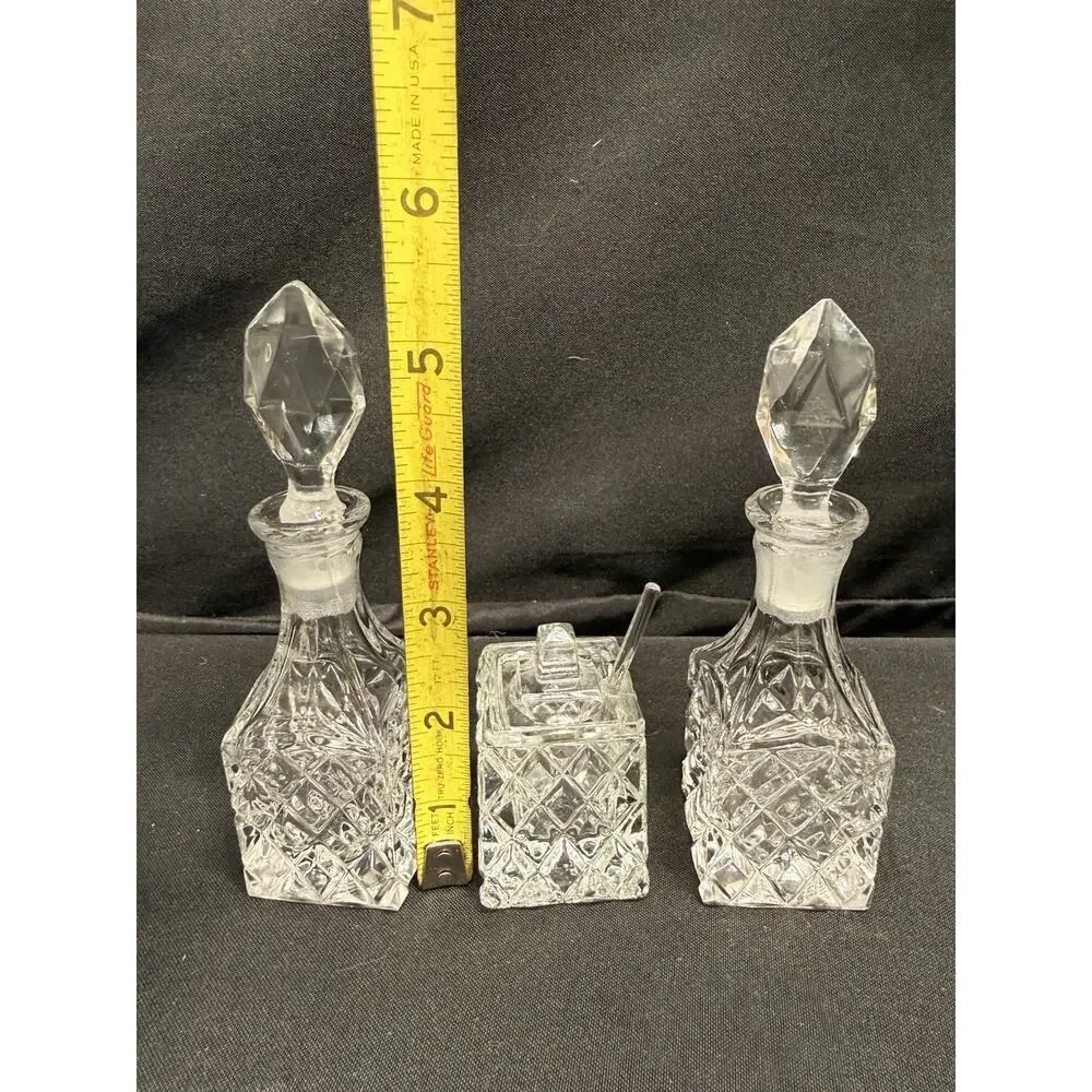Rare Mini Crystal Clear Glass Cruets & Jam Jar W/ Spoon Set Of 3 Square Vintage